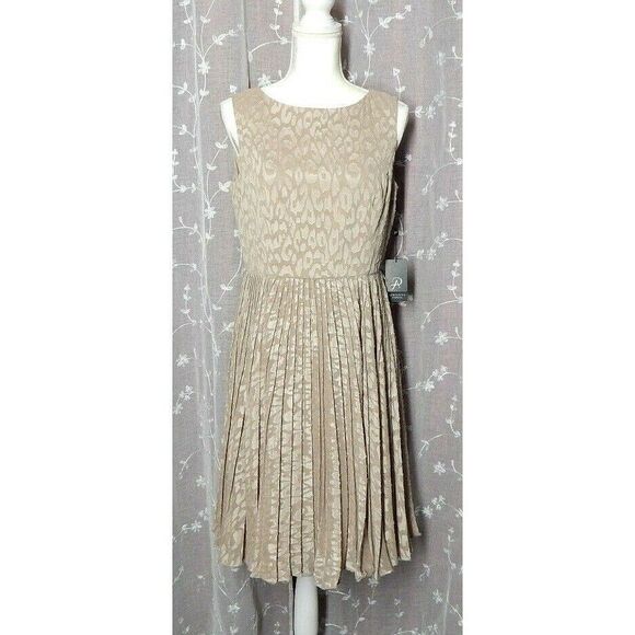6 Adrianna Papell Burn Out Pleated Skirt Dress Fit & Flare Natural Taupe Tan NWT - Picture 1 of 6
